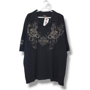 Y2K Harley Davidson Eagle Graphic Polo Shirt Black Size 2XL